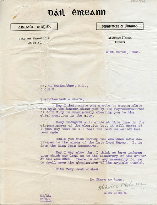 Letter from Michael Collins to Terence MacSwiney